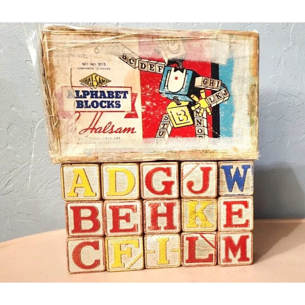 1950'S VINTAGE HALSAM ALPHABET BLOCKS IN‎ original BOX Set Of 15 Blocks #3015